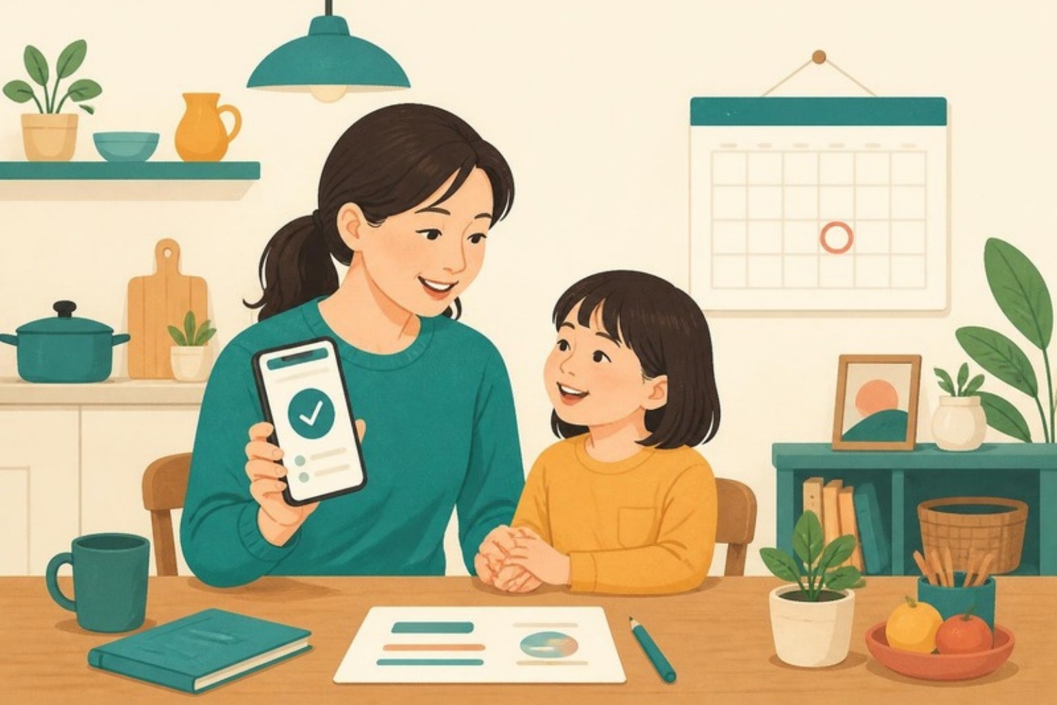 포멜로유 일러스트: 아이와 함께 양육비 선지급 신청 화면을 확인하는 부모
