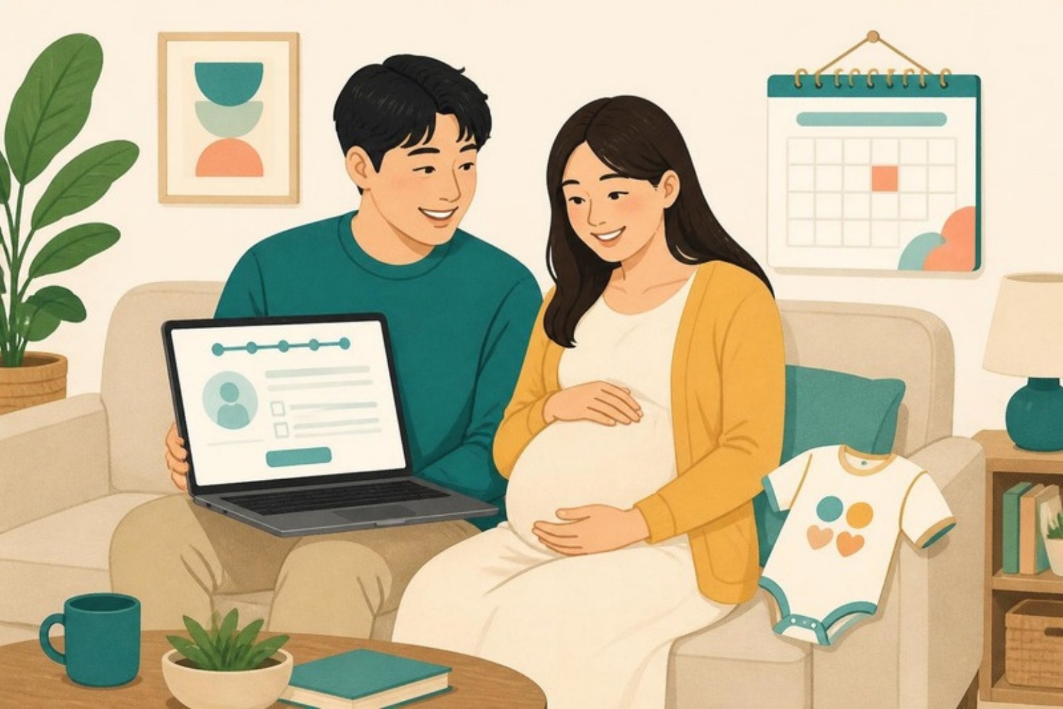 포멜로유 일러스트: 임신한 아내 곁에서 육아휴직 신청 화면을 보는 남편