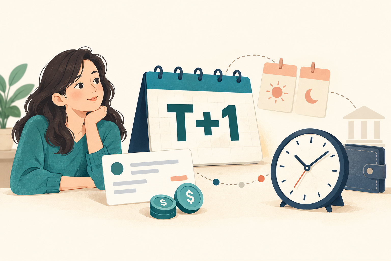 T+1 달력과 시계, 거래카드를 통해 미국주식 체결 후 결제까지 기다리는 과정을 표현한 일러스트