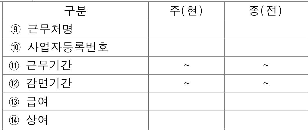 현행 소득세법 시행규칙 별지 제24호서식(1)의 공식 빈 서식 발췌. 근무처명, 근무기간, 급여와 상여 및 주현·종전 첫 번째 열을 보여 주며 실제 개인 급여 자료가 아님.