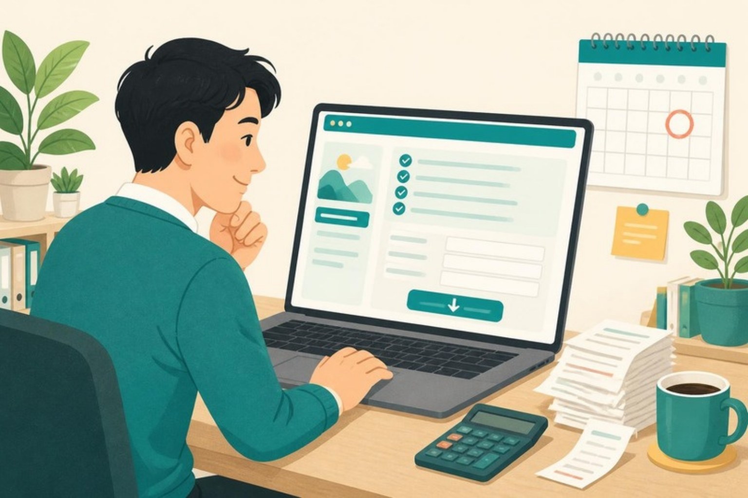 포멜로유 일러스트: 노트북으로 연말정산 공제 항목을 확인하는 직장인과 영수증·계산기·달력